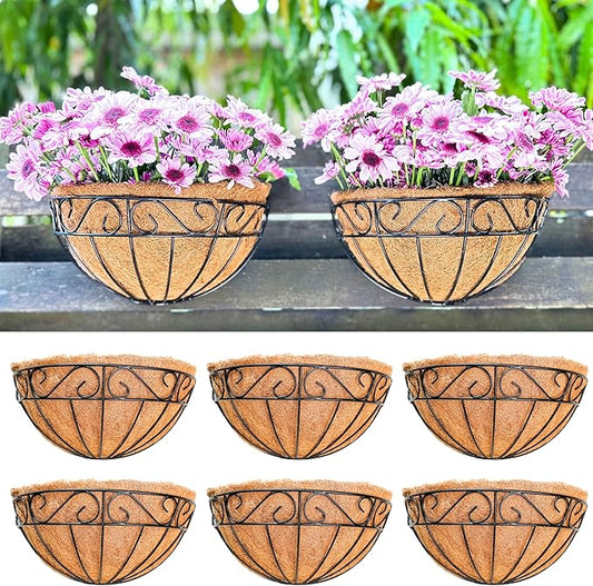 LaLaGreen Wall Hanging Planters, 6 Pack, 12 Inch Balcony Flower Baskets with Coco Liner Outside, Outdoor Vertical Garden, Fence Pots Holder Half Round Semi Circle Rail Railing Deck Porch Balcony Patio