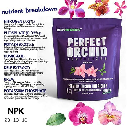 Perfect Orchid by Happy Nutrients 12 Oz Powder Fertilizer for Orchids & Acid Loving Plants - Premium Orchid Nutrients for Vibrant Blooms, Strong Roots, and Lush Foliage