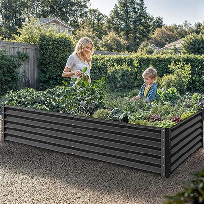 YITAHOME 2pcs 8x4x1.5 ft Galvanized Raised Garden Bed Kit, Large Metal Planter Box with Gloves, Safety Rubber & Support Rod, Outdoor Flower Bed for Plants Vegetables, Black