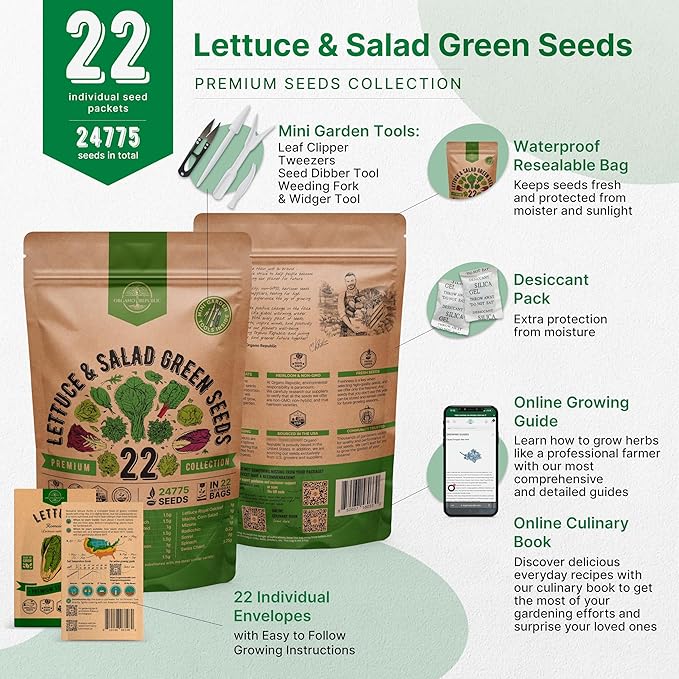 Organo Republic 22 Lettuce & Salad Greens Seeds Variety Pack 24,700+ Non-GMO Heirloom Lettuce Seeds for Indoor & Outdoor Garden, Hydroponic & Aeroponic - 2026 Season - Arugula, Spinach, Swiss Chard