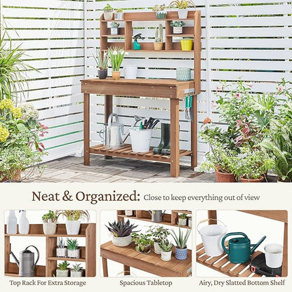 Yaheetech Potting Bench Table Horticulture Germination Table & Outdoor Garden Work Bench Platform w/Display Rack/Storage Shelf/Hanger/Thoughtful Sink Brown