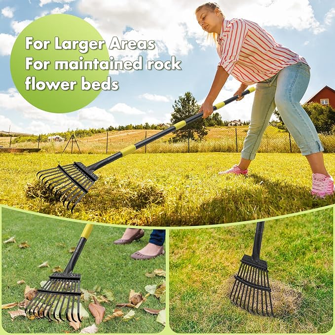 INFLATION Garden Rake for Leaves Sturdy Small Metal Yard Leaf Rakes for Lawns 78" Length 8.5 Inch Wide Adjustable 11 Tines for Women Men Kids Lightweight with Non-Slip Comfortable Smooth Long Handle