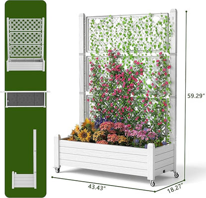 EasyUp Raised Garden Bed with Trellis for Climbing Plants,Outdoor Herb Garden Planter with Drainage Plug and Gauge,Durable Dust-Proof Resin for Garden, Patio, Balcony, and Backyard