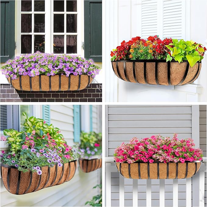 HFHOME 30" Window Box Deck Railing Planter with Horse Trough Coco Liners, Black Metal Hanging Flower Planters Baskets for Indoor, Outdoor, Balcony, Porch, Fence, Patio, and Lawn (Set of 4)