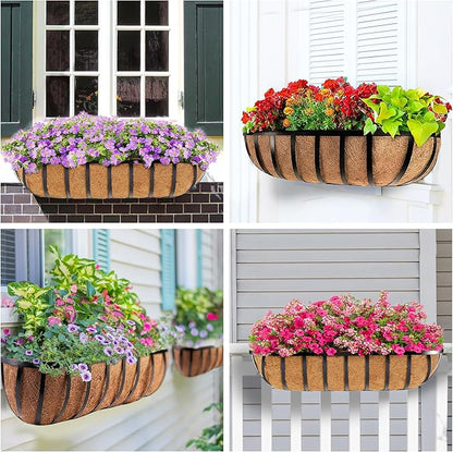 HFHOME 4 Pcs 24" Window Box Deck Railing Planter with Horse Trough Coco Liners, Black Metal Hanging Flower Planters Baskets for Indoor, Outdoor, Balcony, Porch, Fence, Patio, and Lawn