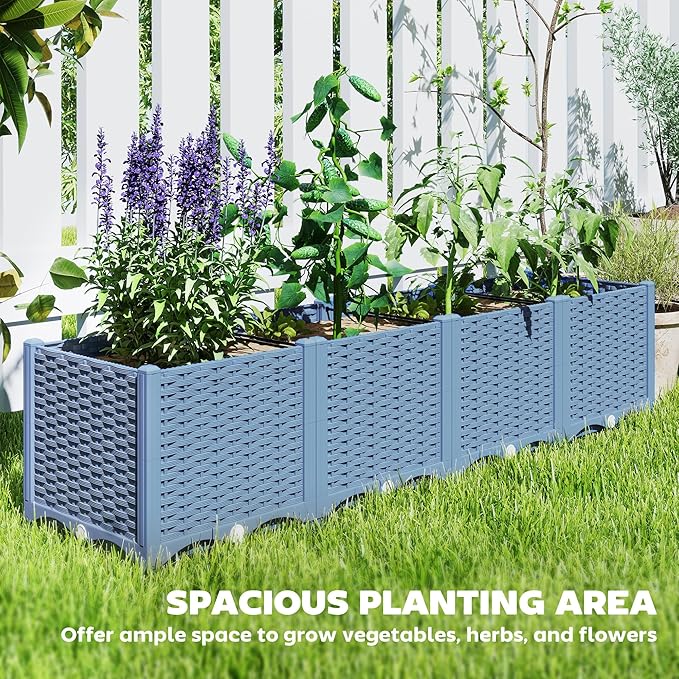 Outsunny 5 x 1 x 1 ft Raised Garden Bed, Indoor Outdoor Plastic Planter Box with Drainage Holes, Drain Plugs and Water Reservoirs for Vegetables, Herbs, Flowers & Succulents, Blue