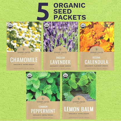 Organic Herbal Tea Seeds Variety Pack - 5 Individual Packs - 2026 Season - Mint, Lavender, Calendula, Chamomile & Lemon Balm. For Indoor & Outdoor Planting (Non-GMO, Certified Organic)