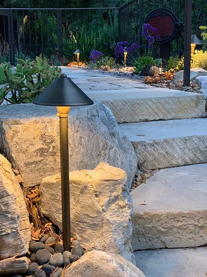 VOLT 15-Pack 12V Solid Brass Conehead Path Lights (7" Shade, 25" Tall) for Low Voltage Landscape Lighting on Outdoor Pathway, Walkway, Garden, Driveway or Patio