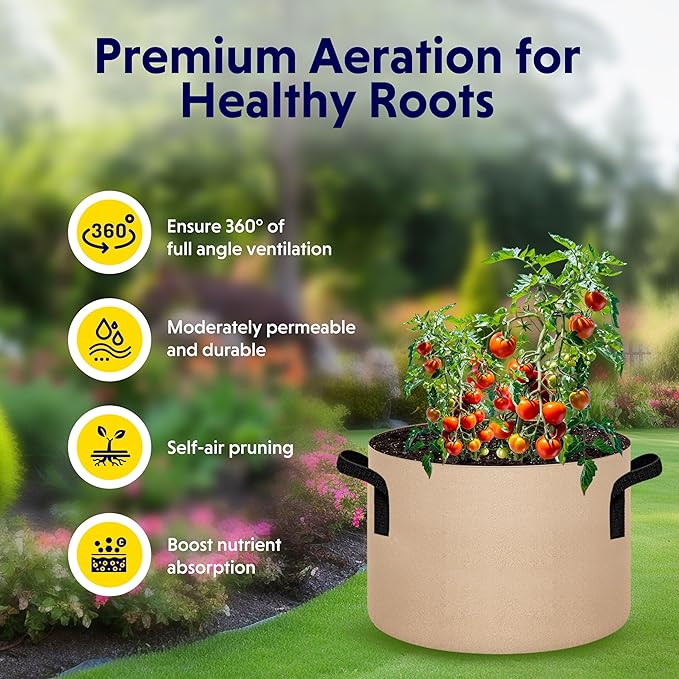 iPower 10-Pack 15 Gallon Thickened Grow Bags Nonwoven Fabric Pots Aeration Container with Strap Handles for Garden and Planting, Tan