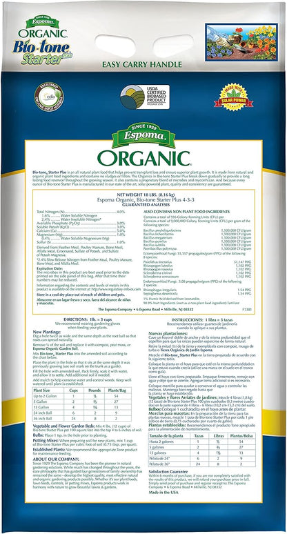 Espoma Organic Bio-Tone Starter Plus 4-3-3 Natural & Organic Starter Plant Food with Both Endo & Ecto Mycorrhizae; 18 lb. Bag; The Ultimate Starter Plant Food