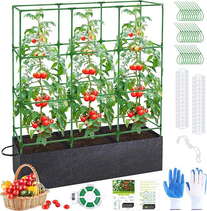 POILKMNI 66x17x49 Inch Garden Tomato Cages with 46 Gallon Grow Bags, Square Plant Support Trellis Assembled with Planter Bags, Garden Cucumber Vegetables Frames for Vertical Climbing Plants