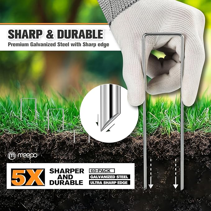 Garden Stakes, 60-Piece 6 Inch Never Rust Galvanized Landscape Staples, 5X Sharper Durable Stakes for Gardening, Tent, Weed Barrier, Outdoor Yard Decoration, Plant Cover