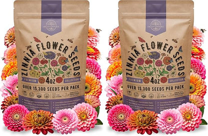 Zinnia Seeds Pack 4 oz - Over 15,300 Non-GMO Heirloom Zinnia Seeds for Planting, Annual Flowers in Individual Seed Packet for Planting Home Garden Indoor & Outdoor Gardening (Pack of 2)