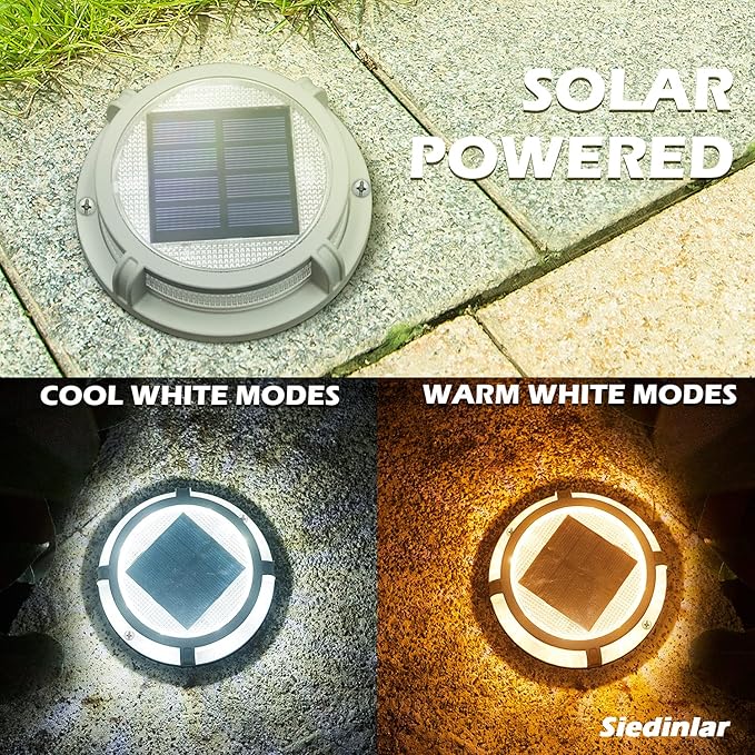 SIEDiNLAR Solar Deck Lights Outdoor 2 Modes 16 LEDs Dock Light Driveway Markers Solar Powered Waterproof for Ground Pathway Step Walkway Stair Road Garden Yard 16 Pack (Cool White/Warm White)
