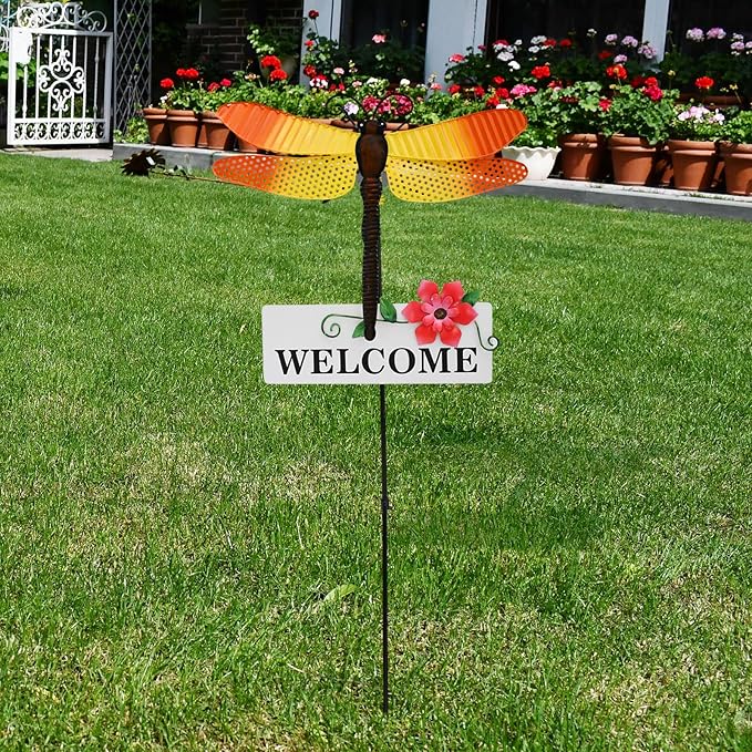 Morning View Dragonfly Garden Stakes Decorative Metal Insect Yard Stake Outdoor Spring Lawn Ornaments Yard Art Patio Pathway Flower Pot Outside 30 Inch Tall