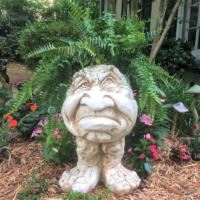 homestyles 18 in. Antique White Grumpy The Muggly Face Statue Planter Holds 7 in. Pot