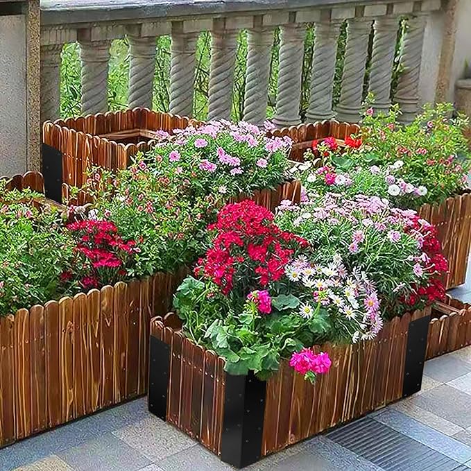 8 Pcs Raised Garden Bed Corner Brackets for 12''-24'' Flower Vegetable Furniture Planter Wood Garden Bed Box, 11 x 3 x 3 Black Metal Corner Brackets Decorative with Screws