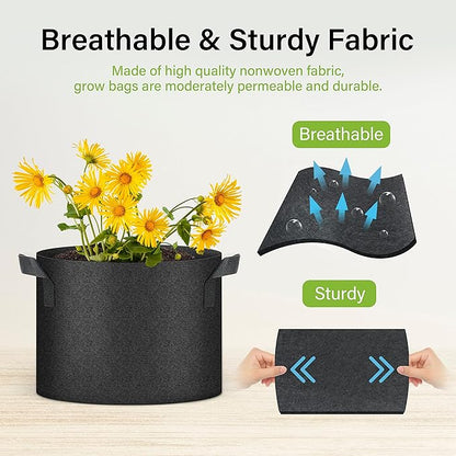 HealSmart Plant Grow Bags 10 Gallon, Tomoato Planter Pots 5-Pack with Handles, Aeration Nonwoven Fabric, Heavy Duty Gardening Planter for Vegetable, Herbs and Flowers, Black
