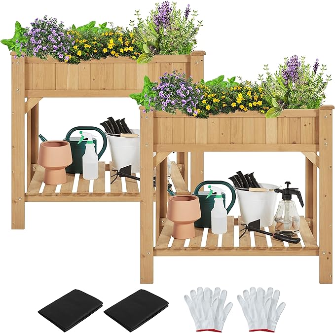 Topeakmart Wood Elevated Herb Garden Planters Vegetable Outdoor Growing Bed Flower Plant Boxes for Small Spaces with Grow Grid, Fabric Liner, Protective Gloves & Legs, 2pcs