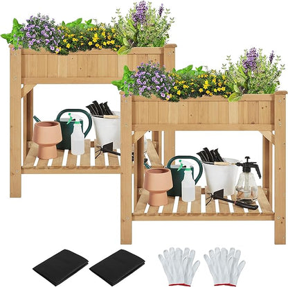 Topeakmart Wood Elevated Herb Garden Planters Vegetable Outdoor Growing Bed Flower Plant Boxes for Small Spaces with Grow Grid, Fabric Liner, Protective Gloves & Legs, 2pcs