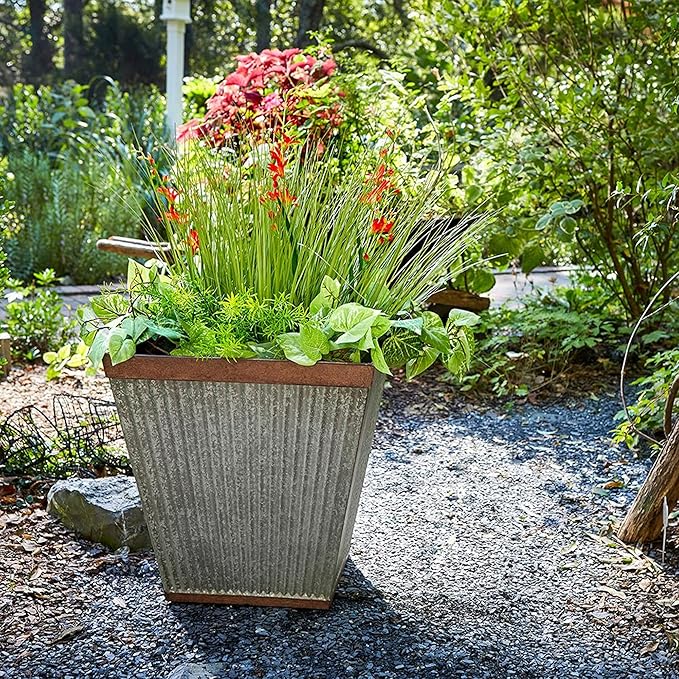 Southern Patio HDR 046851 16 inches Square Rustic Plastic, Indoor, Outdoor Garden Planter, Urn Pot for Flowers, Herbs, Galvanized