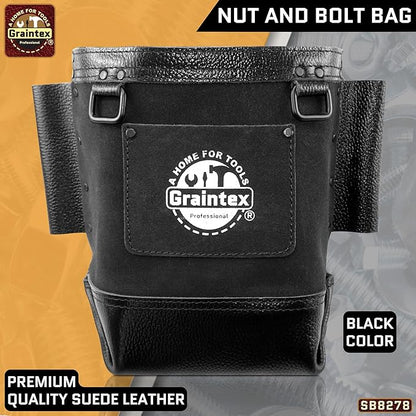 Graintex Nut & Bolt Bag, Black Color Premium Quality Suede Leather Tool Bag, Tool Belt Ironworker, Bull Pin Loops, Ideal for Heavy-Duty Use, Bolt Bags for Construction Professionals - SB8278