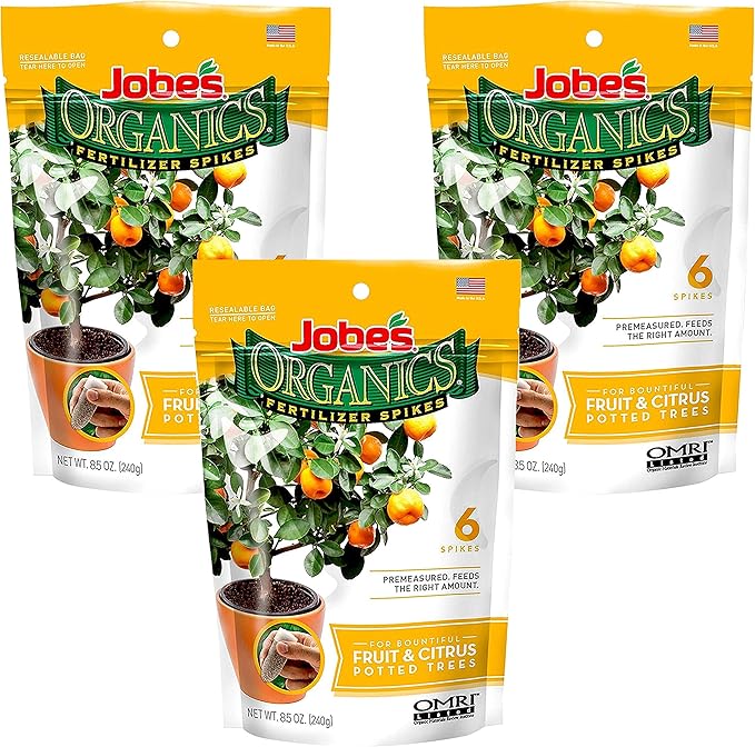 Jobe’s Organics Fruit & Citrus Tree Fertilizer Spikes, 3-5-5 Time Release Fertilizer for all Container or Indoor Fruit Trees, 6 Spikes per Package (3)