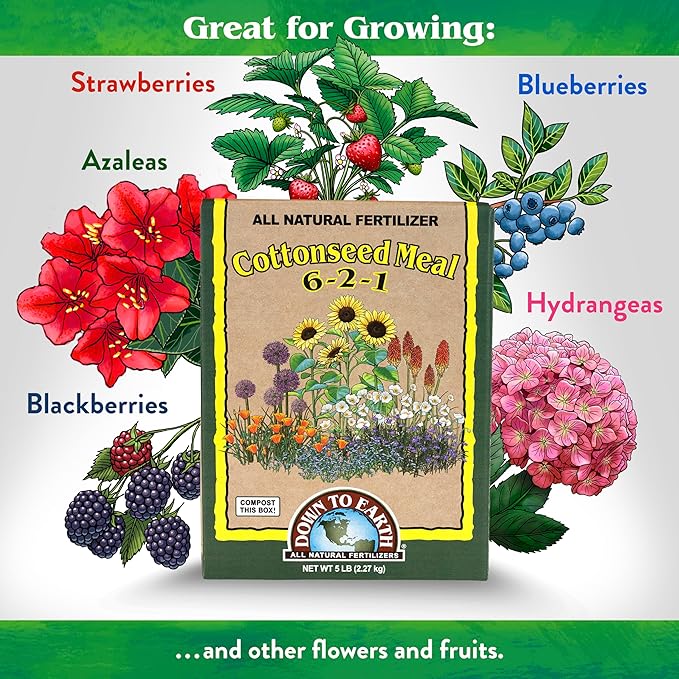 Down To Earth All Natural Fertilizers Organic Cottonseed Meal - Plant Food for Low pH Acid Soil Loving Plants 6-2-1, 5 lb