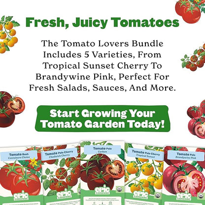 Epic Gardening Tomato Lovers Seed Bundle - 5 Juicy Varieties, Includes Brandywine, Chadwick Cherry & Tropical Sunset, Grow Non-GMO Tomatoes for Salads, Sauces & Fresh Snacking