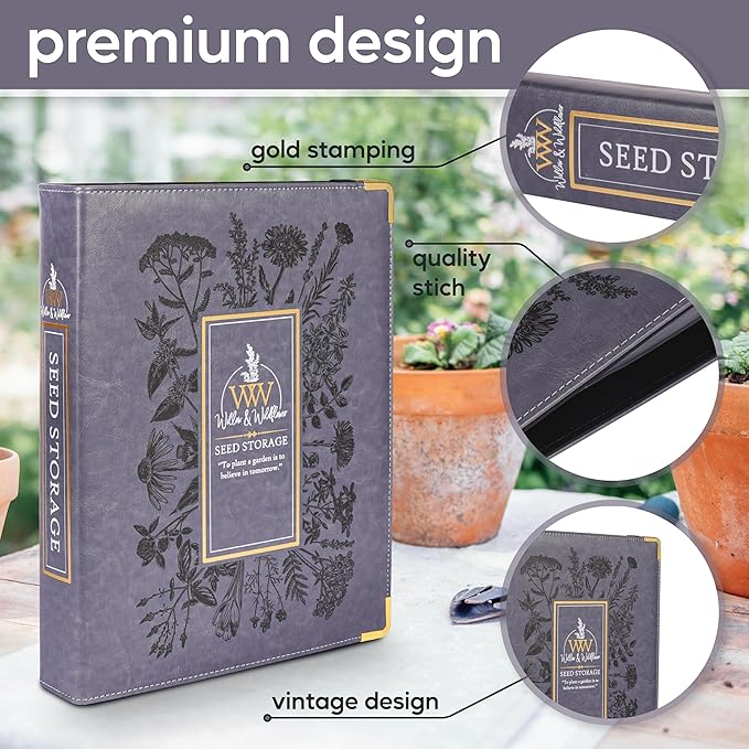 Willow and Wildflower Garden Seed Organizer Binder, Seed Storage Organizer, Garden Binder Book for Packet Storage Catalog Can Store 120 Packets with Dibber and Widger (Slate Blue)