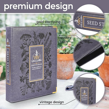 Willow and Wildflower Garden Seed Organizer Binder, Seed Storage Organizer, Garden Binder Book for Packet Storage Catalog Can Store 120 Packets with Dibber and Widger (Slate Blue)