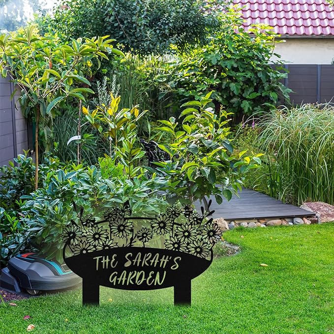 Custom Metal Flower Garden Sign with Stake, Personalized Garden Signs for Outside, Customized Garden Name Signs for Yard Lawn Outdoor Decor Gardening Gifts for Moms Grandmas Gardeners