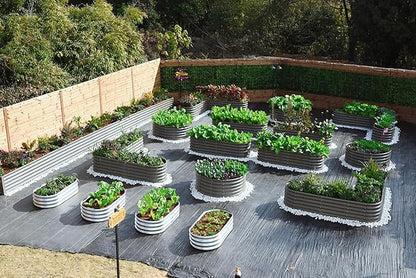 A ANLEOLIFE 14-Piece 18 Inch Tall Raised Garden Beds Kit, Heart-Shaped, Long Oval & Round Metal Planters – Ideal for Creative Garden Layouts, Quartz Grey
