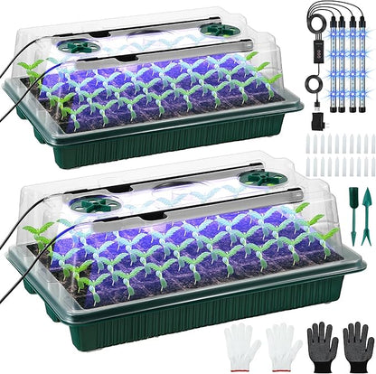 Saillong 2 Pack Seed Starter Tray with Grow Light, 80 Cell Indoor Greenhouse Seed Starting Set with Humidity Dome, 360° Full Spectrum LED, Smart Timer, 5 Brightness Levels for Germination