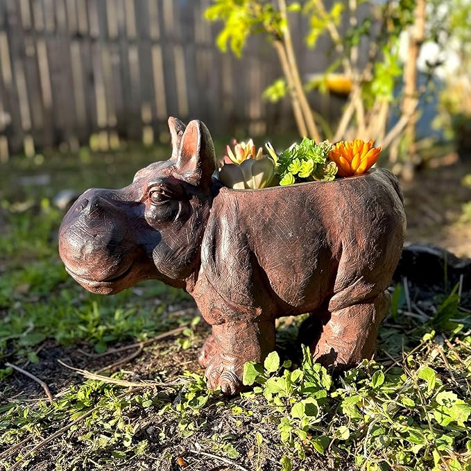 Zeckos Charming Brown Hippo MGO Planter with Drain Hole, 17 inches - Durable Weatherproof Magnesium Oxide for Garden or Patio Decor - Whimsical Animal Theme Planter, Perfect for Indoor/Outdoor Use
