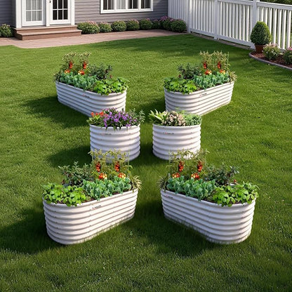 A ANLEOLIFE 6-Piece 24 Inch Tall Antique White Raised Garden Beds Kit, Oval & Round Metal Planters – Ideal for Backyard Vegetables Flowers Herbs