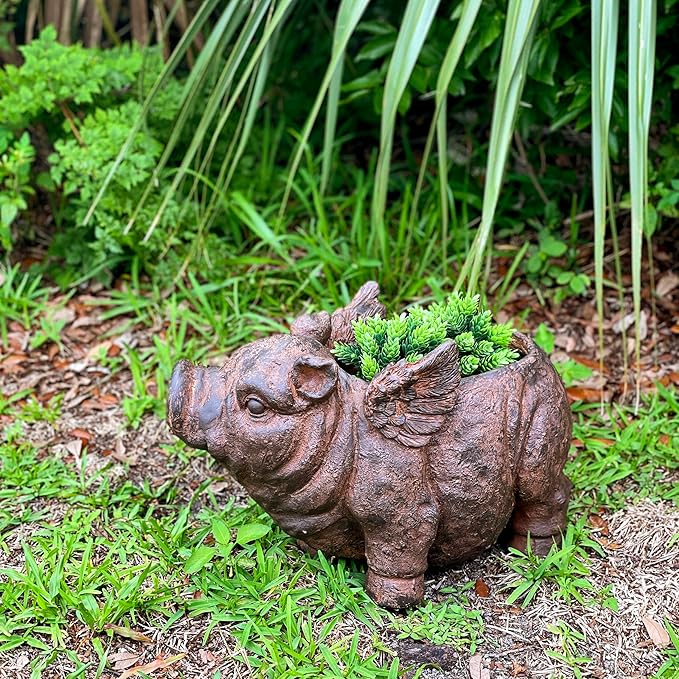 Zeckos Whimsical Flying Pig Planter with Drain Hole – 17 Inch Brown Magnesium Oxide Animal Planter for Succulents, Flowers, Indoor Outdoor Rustic Farmhouse Decor – Weather-Resistant Pig Garden Pot