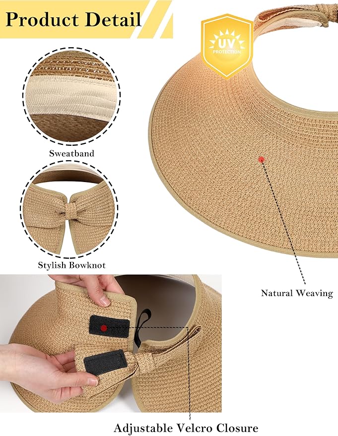Womens Beach Straw Sun Hats Ponytail Hole Wide Brim Summer Visor Foldable Hat Sun Protection Packable for Travel Pool