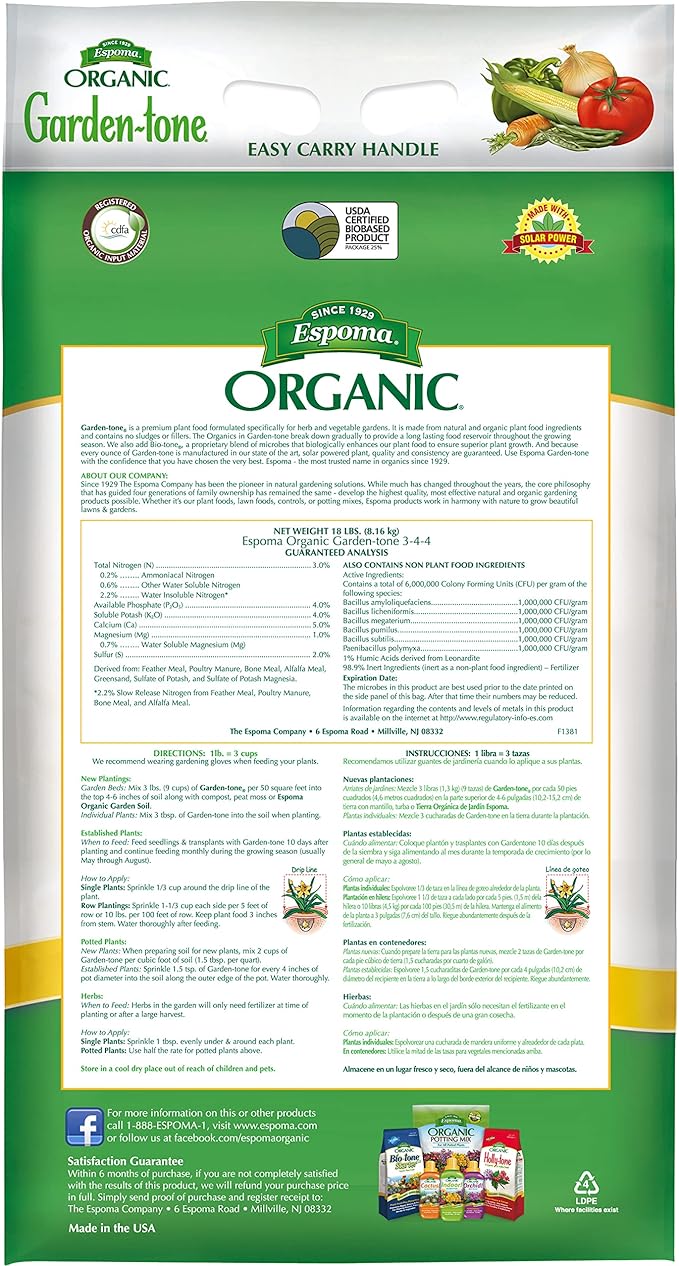 Espoma Organic Garden-Tone 3-4-4 Organic Fertilizer for Cool & Warm Season Vegetables and Herbs. Grow an Abundant Harvest of Nutritious and Flavorful Vegetables – 18 lb. Bag