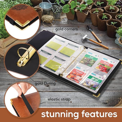 Willow and Wildflower Garden Seed Organizer Binder, Seed Storage Organizer, Garden Binder Book for Packet Storage Catalog Can Store 120 Packets with Dibber and Widger (Classic Brown)
