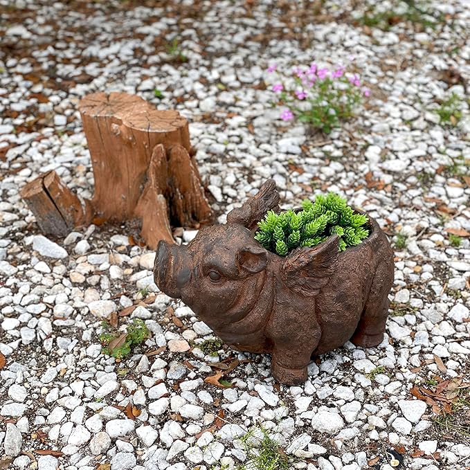 Zeckos Whimsical Flying Pig Planter with Drain Hole – 17 Inch Brown Magnesium Oxide Animal Planter for Succulents, Flowers, Indoor Outdoor Rustic Farmhouse Decor – Weather-Resistant Pig Garden Pot