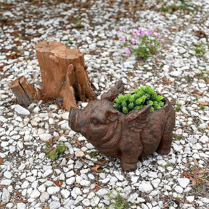 Zeckos Whimsical Flying Pig Planter with Drain Hole – 17 Inch Brown Magnesium Oxide Animal Planter for Succulents, Flowers, Indoor Outdoor Rustic Farmhouse Decor – Weather-Resistant Pig Garden Pot
