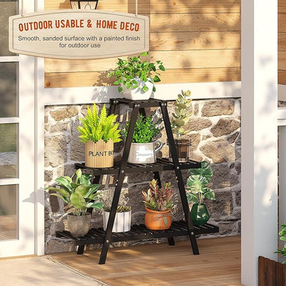 GHWIE Plant Stand Indoor Plant Shelf Outdoor bamboo Plant Rack, 3 Tiers Ladder Plant Holder Flower Stand for Living Room Balcony Garden Patio,Living Room Boho Home Decor for Gardening Gifts (Black)