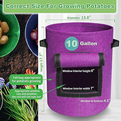400G Thickest 5-Pack 10 Gallon Multi-Colored Potato Growing Bags, Potato Grow Bags with Plant Tags, Potato Bags for Growing Potatoes with Visual-able Harvest Window, Breathable Planter Bags