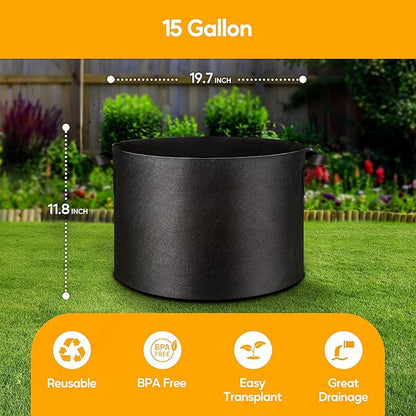 Simple Deluxe Grow Bags 15 Gallon 12 Pack Planter Pots with Handles, Thickened Nonwoven Fabric Aeration Cloth Bag, Heavy Duty Gardening for Tomoato, Potato, Vegetable and Flowers, Black with 12 labels