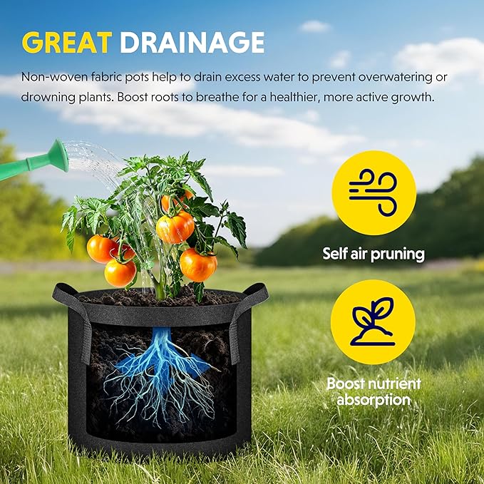 iPower Plant Grow Bag 3 Gallon 6-Pack Heavy Duty Fabric Pots, 300g Thick Nonwoven Fabric Containers Aeration with Nylon Handles, for Planting Vegetables, Fruits, Flowers, Black 2024 Version