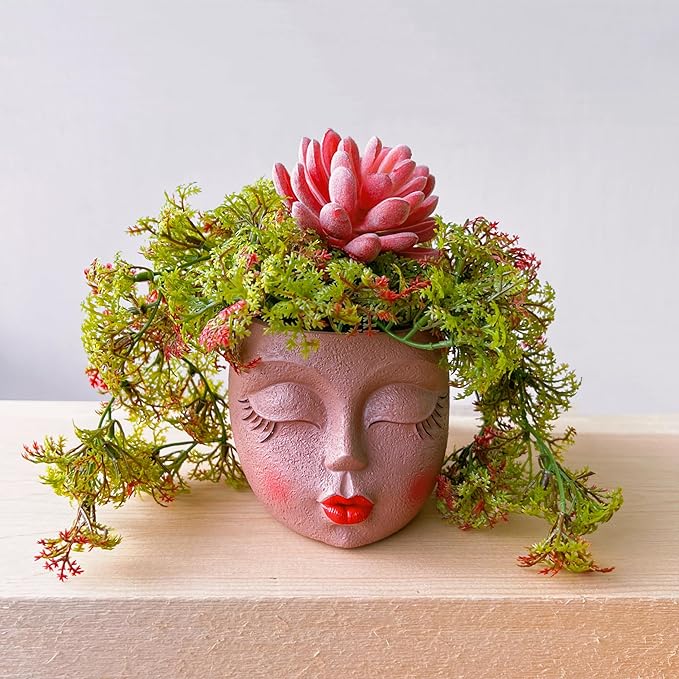 Handcrafted Head Planter Pot Lady Face Planters Cute Flower Pot for Succulent Funny Resin Head Face Planter with Drainage Lightweight Brown 1Pack