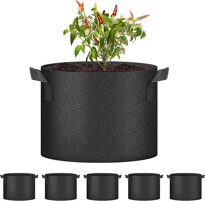 HealSmart Plant Grow Bags 10 Gallon, Tomoato Planter Pots 5-Pack with Handles, Aeration Nonwoven Fabric, Heavy Duty Gardening Planter for Vegetable, Herbs and Flowers, Black