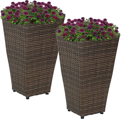 Sunnydaze Set of 2 Square Tall Wicker Planters - Polyrattan Rectangular Large Plastic planters for Outdoor Plants - 20-Inches Tall - Brown