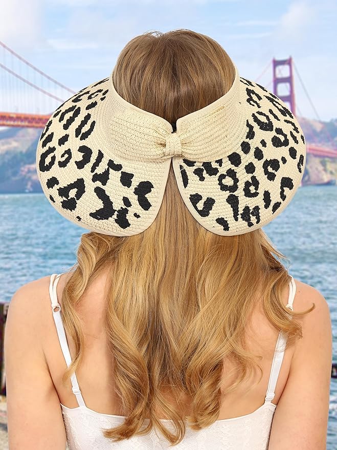 Womens Beach Straw Sun Hats Ponytail Hole Wide Brim Summer Visor Foldable Hat Sun Protection Packable for Travel Pool